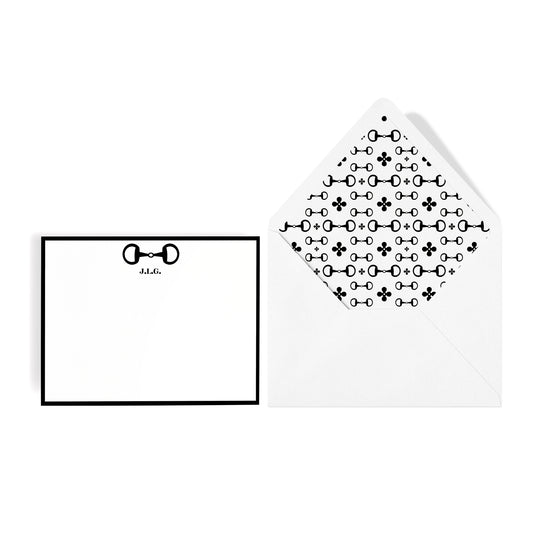 Black & White Custom Stationery notecard featuring equestrian horsebit motif with matching lined envelope