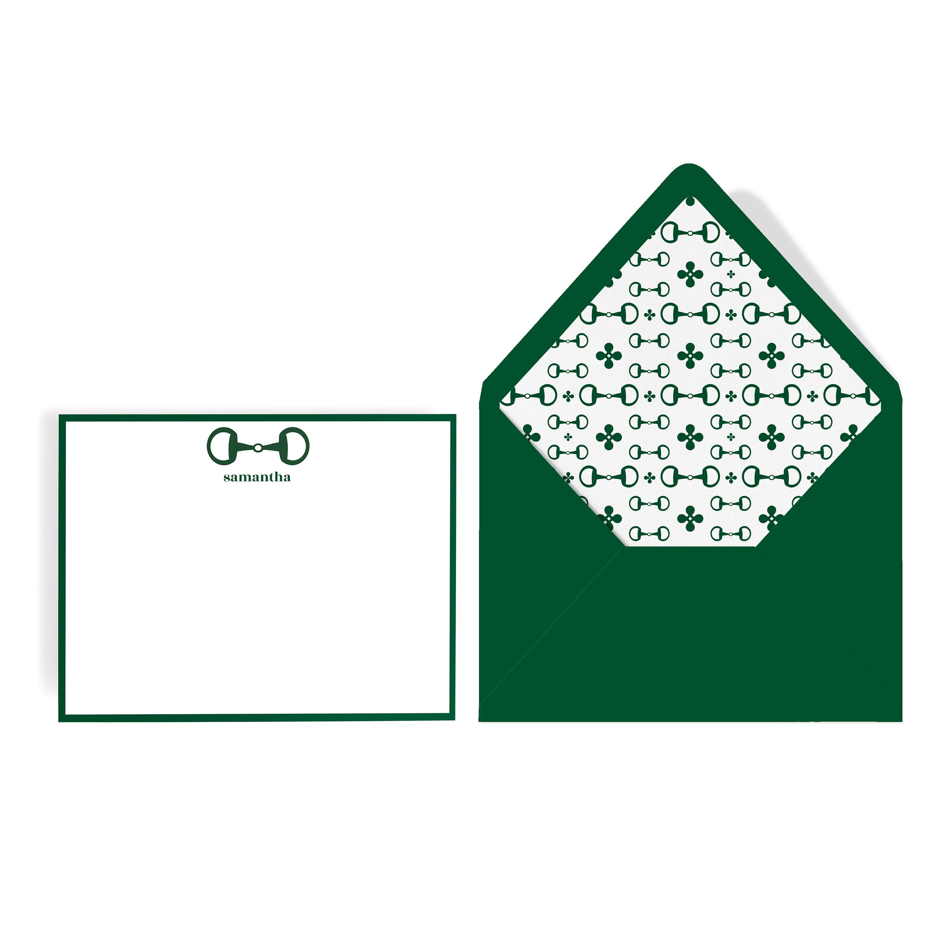 Equestrian preppy horsebit stationery set includes  a white notecard with border and custom name and matching green envelope lined with baffle bit patterned paper.