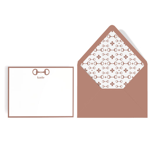 Note card with equestrian horsebit design in spice leather brown and white and matching envelope with patterned lining