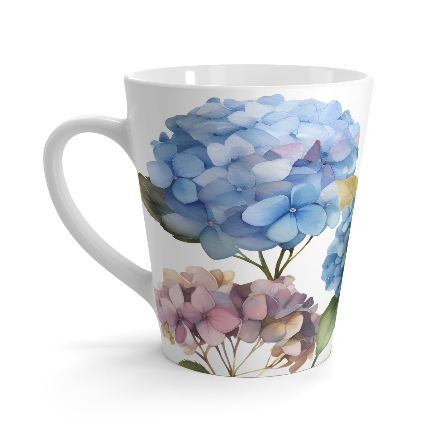 White mug with blue and pink floral hydrangeas design on a white background