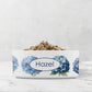 Blue and purple hydrangea flowers printed on white dog bowl personalized with any text.