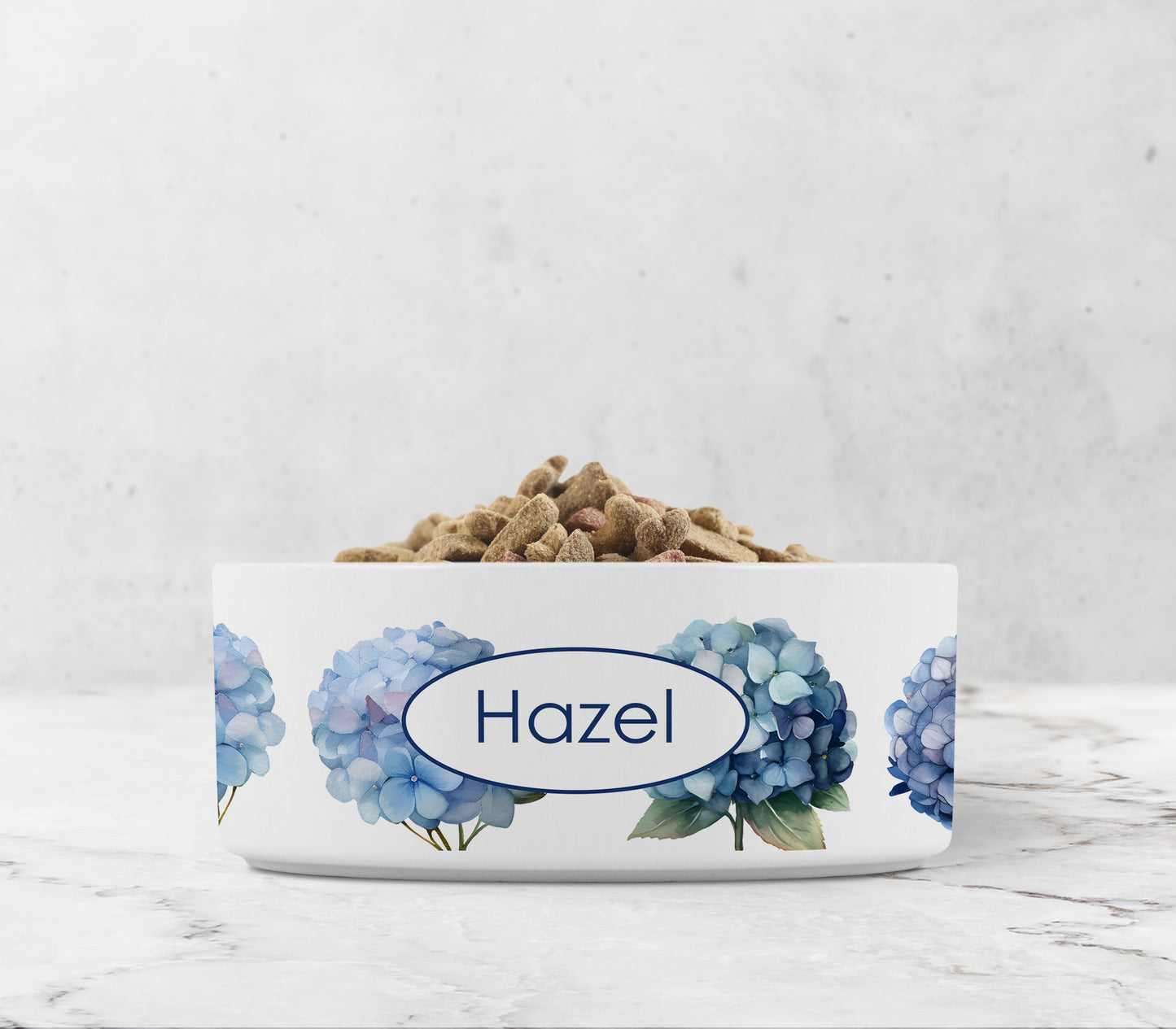 Blue and purple hydrangea flowers printed on white dog bowl personalized with any text.