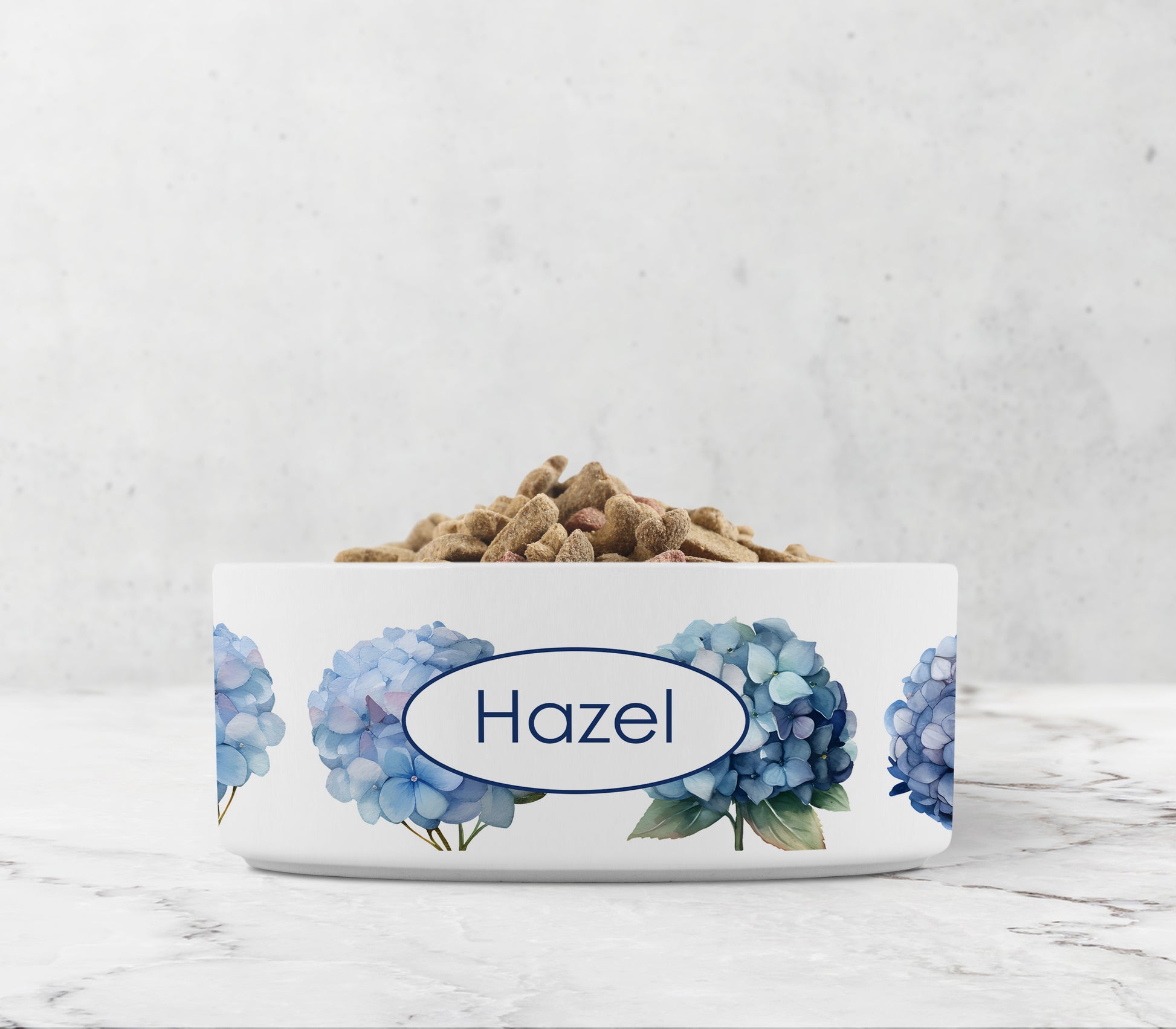 Blue and purple hydrangea flowers printed on white dog bowl personalized with any text.
