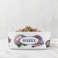 White pet bowl with hydrangea flower design and any text personalized