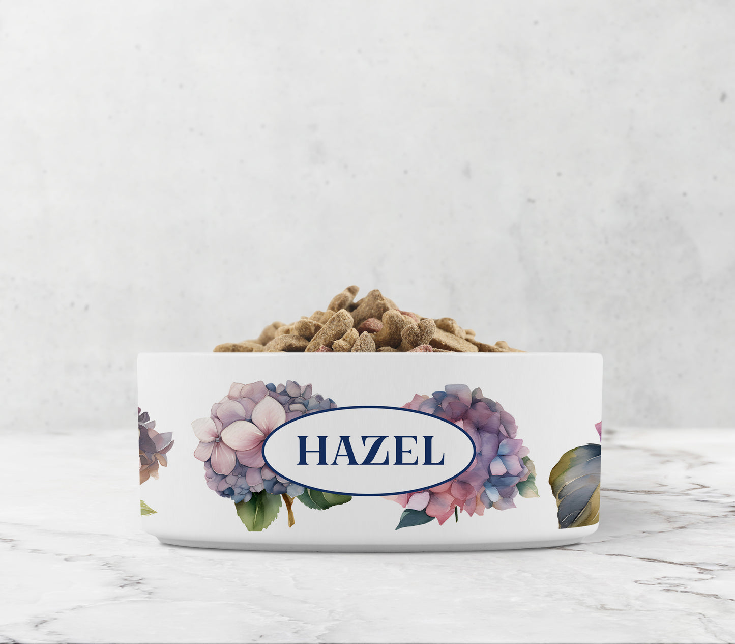 White pet bowl with hydrangea flower design and any text personalized