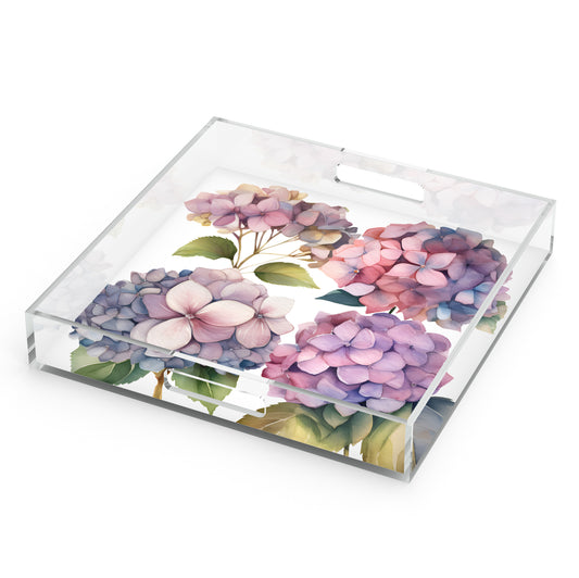 Pink Hydrangea Flower Tray, 12" X 12", Acrylic