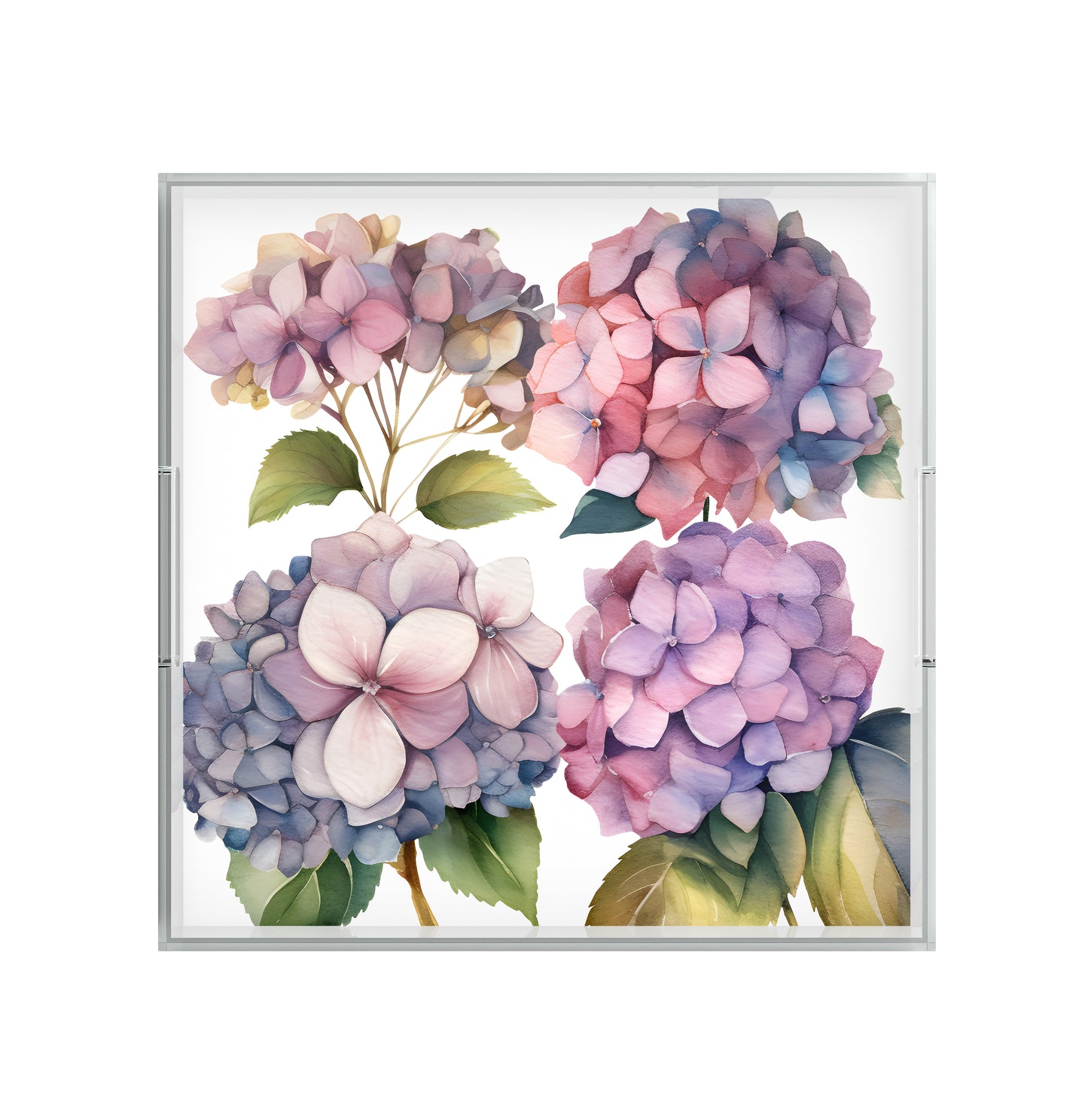 Flower tray has beautiful pink hydrangeas. Gorgeous floral decor idea.