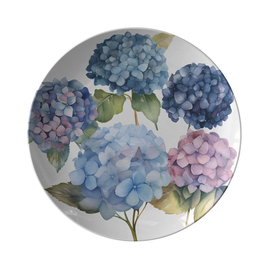 Hydrangea Flowers Dinner Plate in blues, purples and pinks.