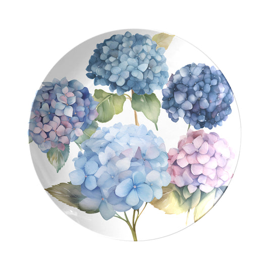 Blue & Pink Hydrangea Flowers Print Dinner Plate in blues, purples and pinks.