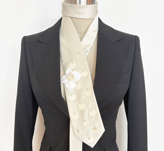 Embellished Ivory Satin Necktie, Hand-Embroidered Flower, Sequins & Pearls - Unisex