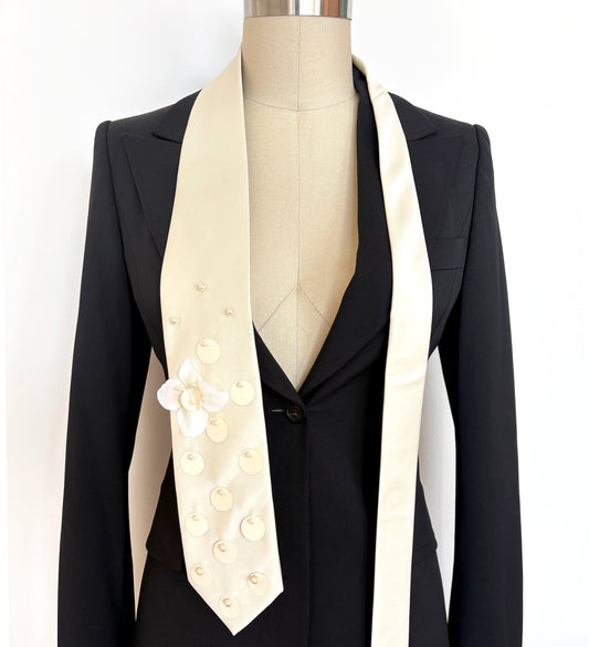 Embellished Ivory Satin Necktie, Hand-Embroidered Flower, Sequins & Pearls - Unisex