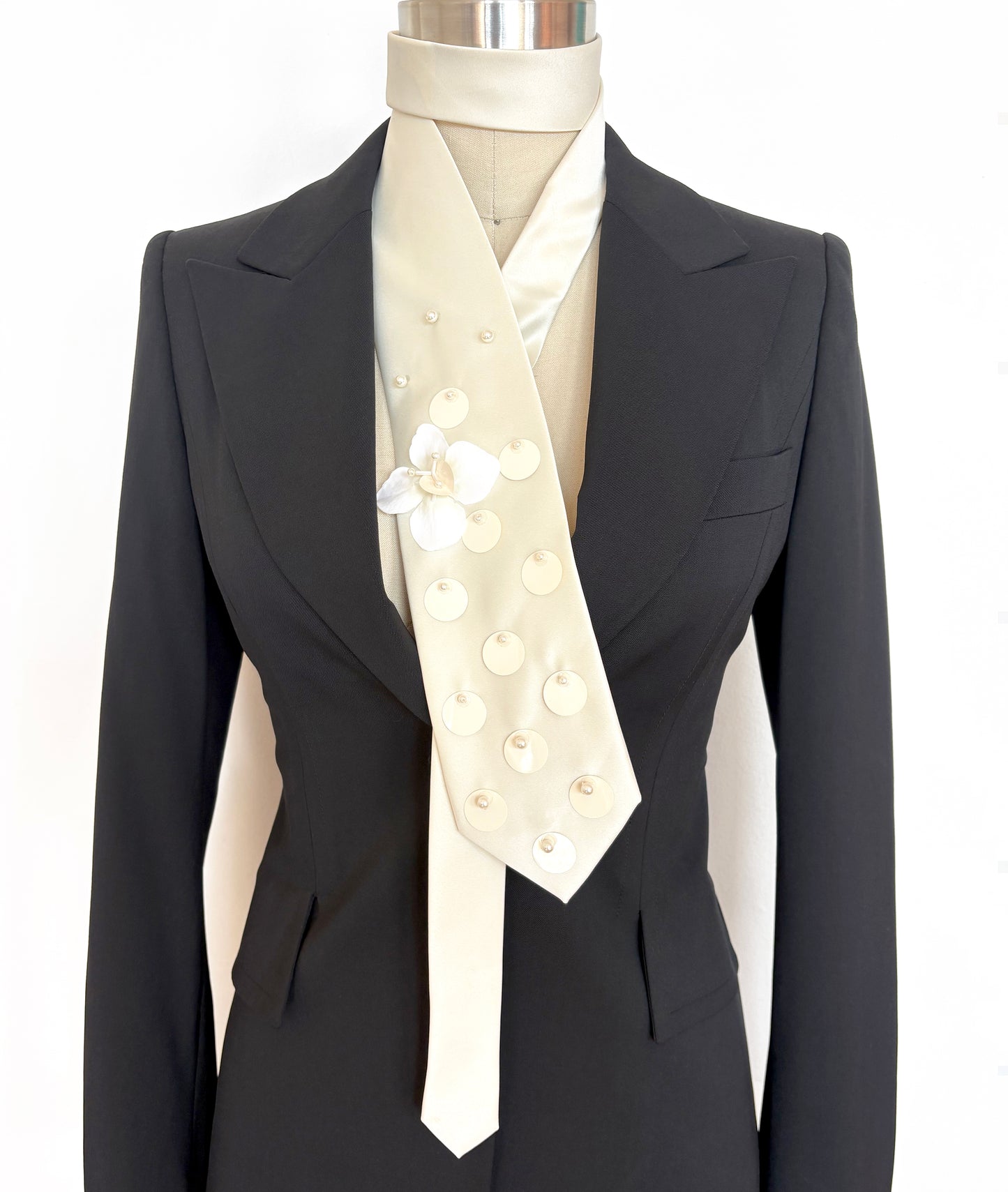 Embellished Ivory Satin Necktie, Hand-Embroidered Flower, Sequins & Pearls - Unisex