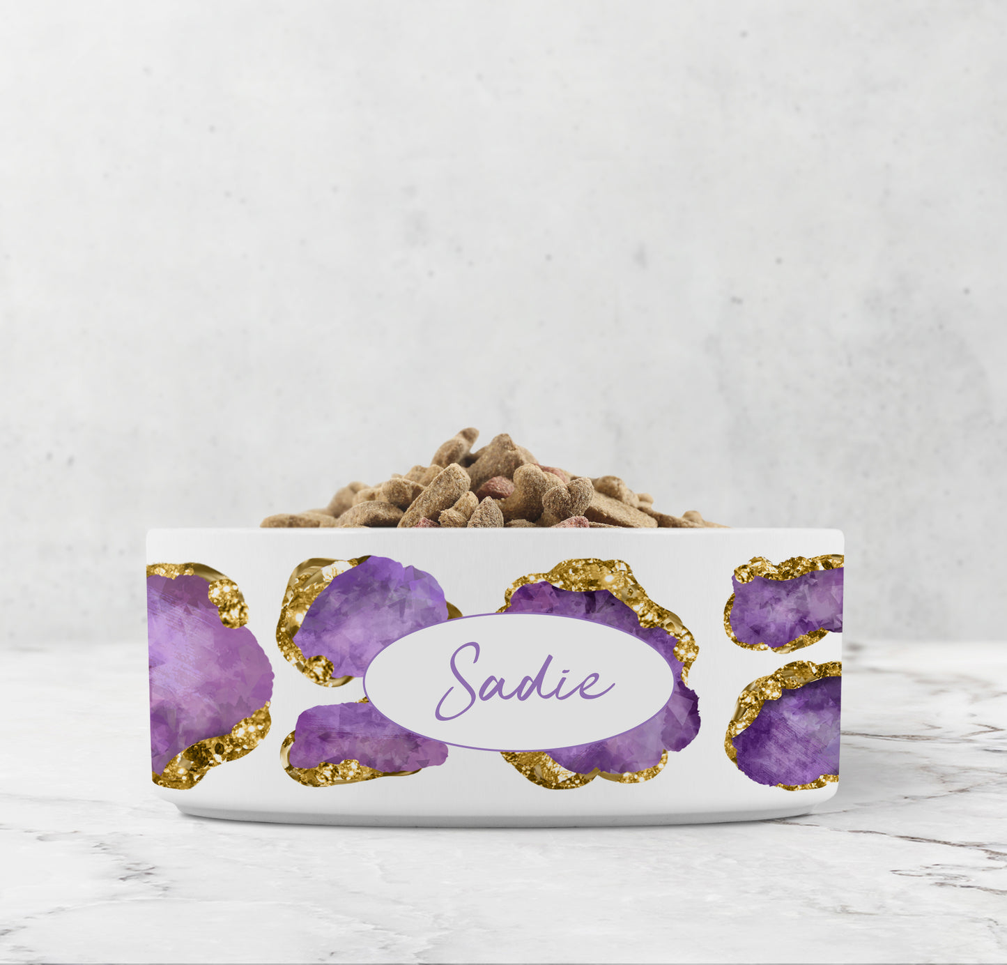 Personalized pet dish has purple amethyst and gold jewels custom with any name or word.