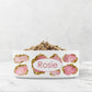 Spill proof cat or dog bowl with pink and gold gemstones are printed on a white heavy ceramic bowl personalized with any name or word.