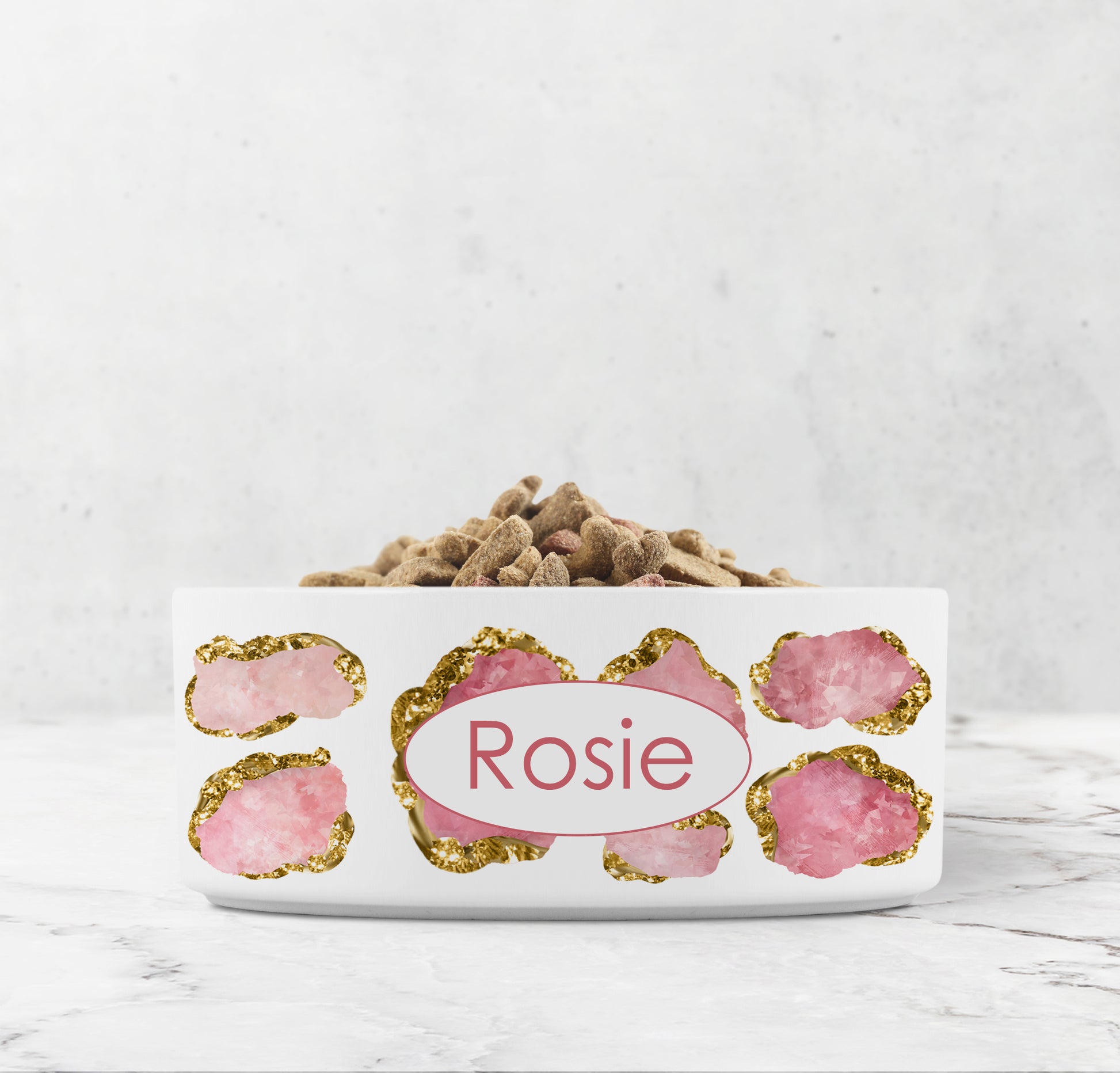 Spill proof cat or dog bowl with pink and gold gemstones are printed on a white heavy ceramic bowl personalized with any name or word.