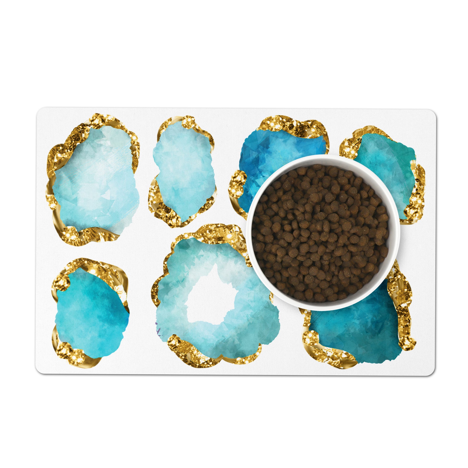 Aquamarine and gold  gemstone pet feeding mat. Glamorous pet supplies for your dog or cat