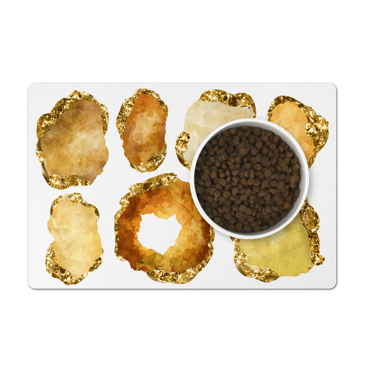 Gemstone print dog bowl mat featuring yellow citrine and gold gemstones.