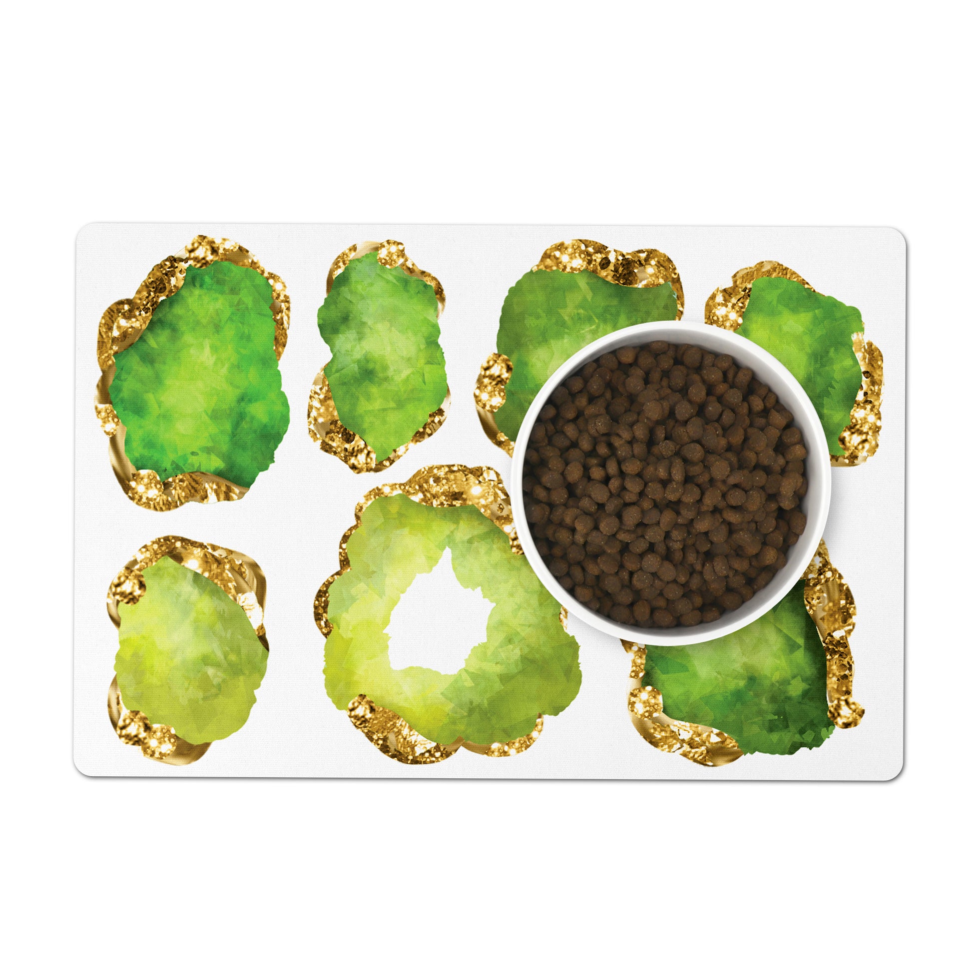 Green peridot and gold gemstone print dog or cat food mat for the floor