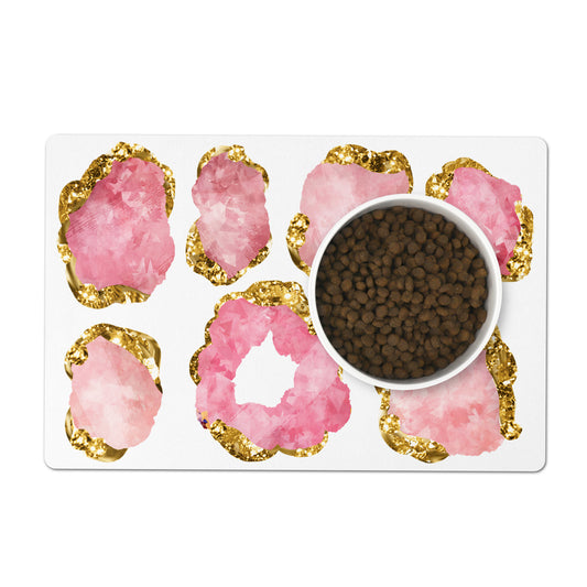 Gorgeous gemstone print pet bowl mat in rose and gold.  Lovely gift idea for your girl dog or cat.