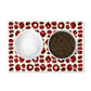 Jewel print pet food mat for your dog or cat bowls. Gorgeous ruby red and gold placemat is machine washable and has a nonskid rubber back.