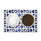 Jewel art print pet placemat has gorgeous blue sapphire and gold. Pet feeding mat is machine washable and has a nonskid rubber back.