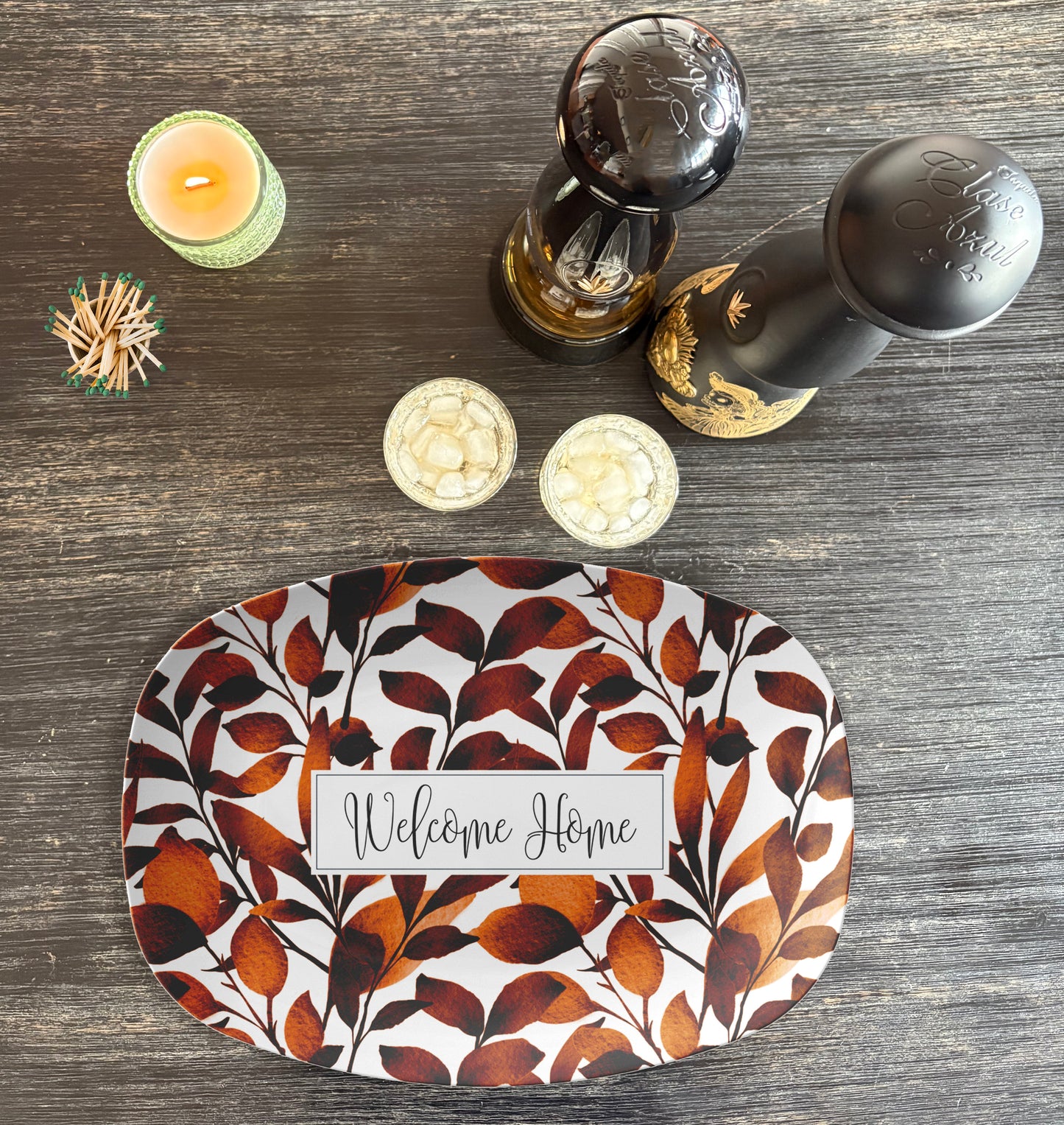 Personalized Serving Platter, Modern Watercolor Leaves, Rust and White, Luxury Plastic