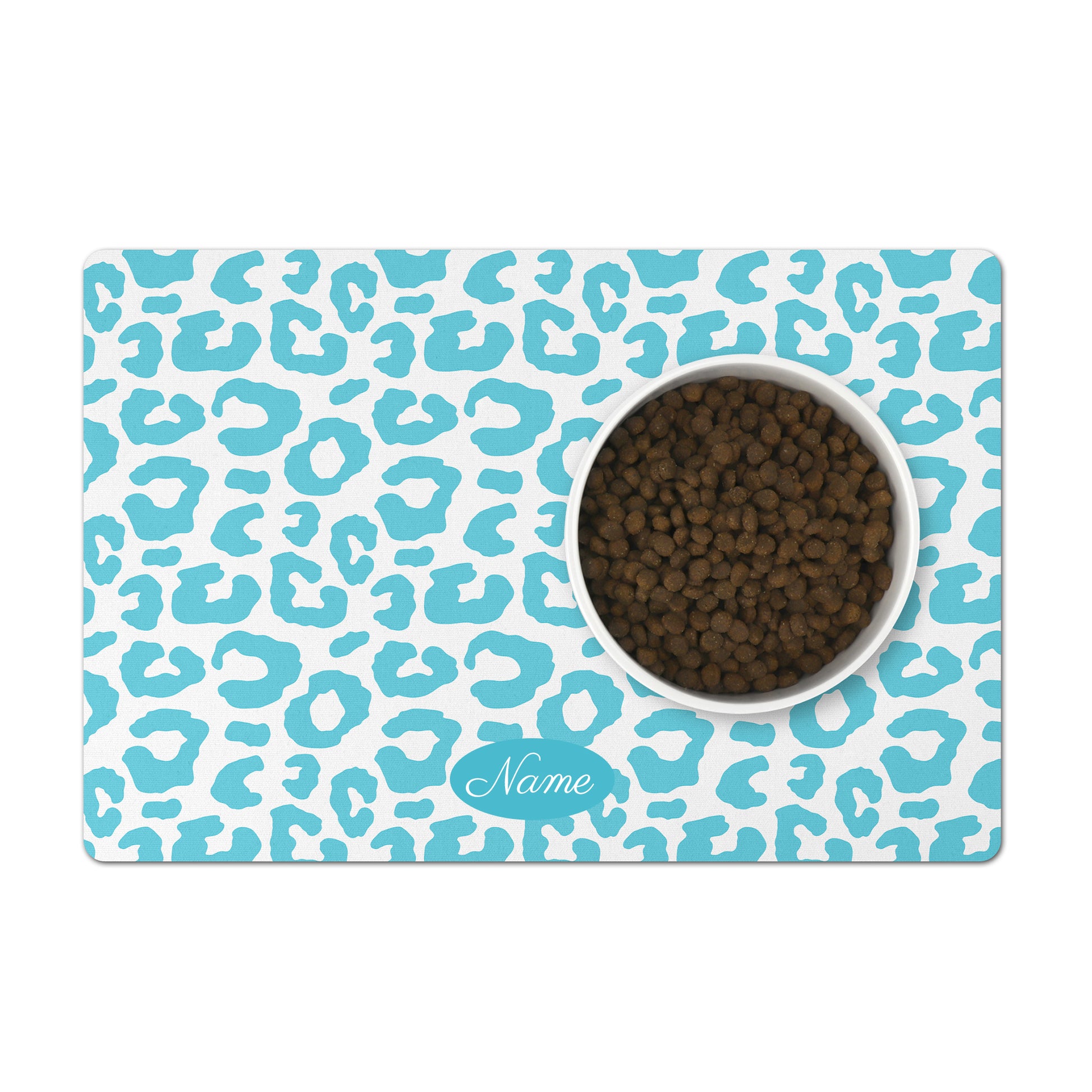 Colorful aqua and white personalized pet feeding mat in a glam leopard print.