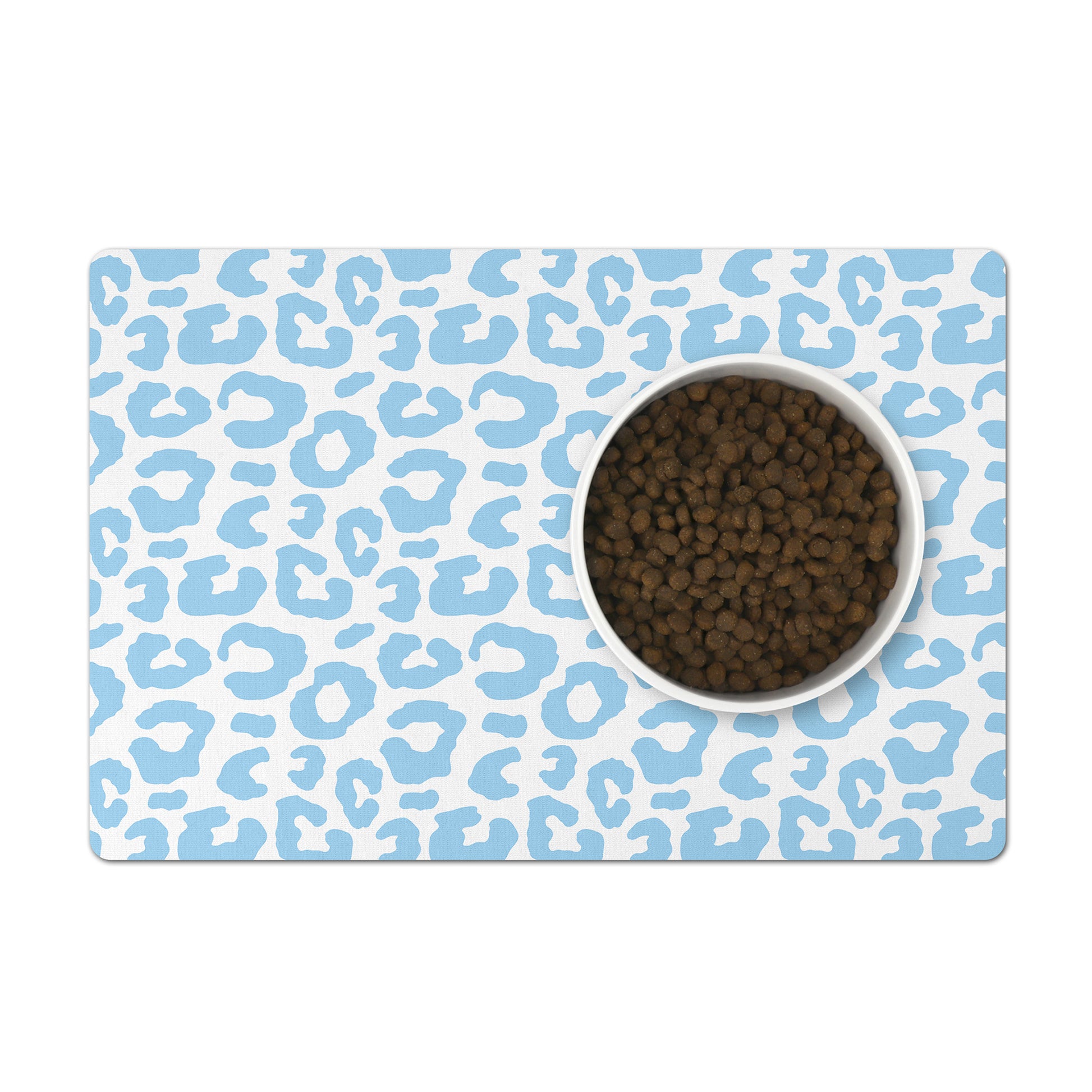 Blue and white leopard pet feeding mat.