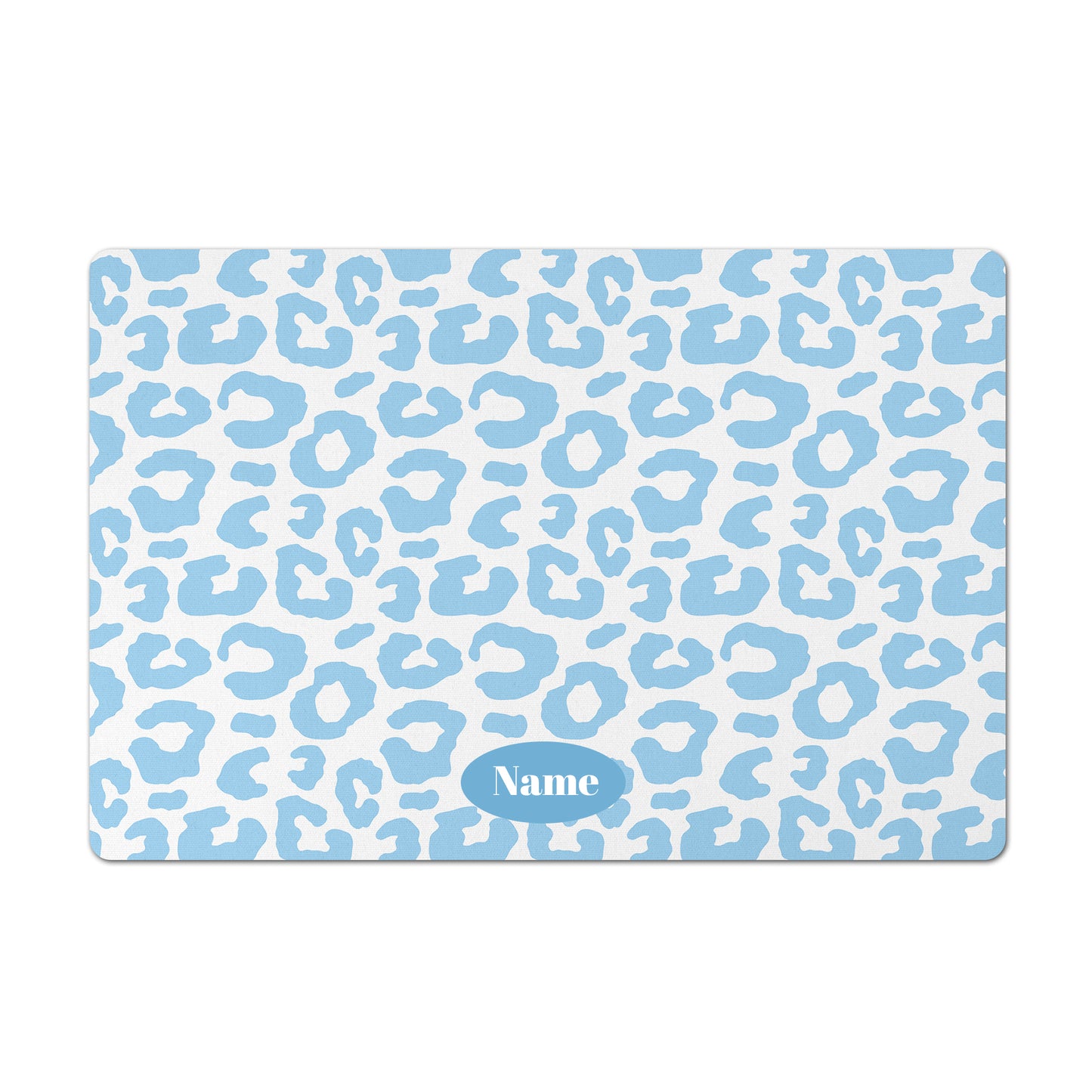 Personalized Leopard Pet Bowl Mat, Baby Blue and White