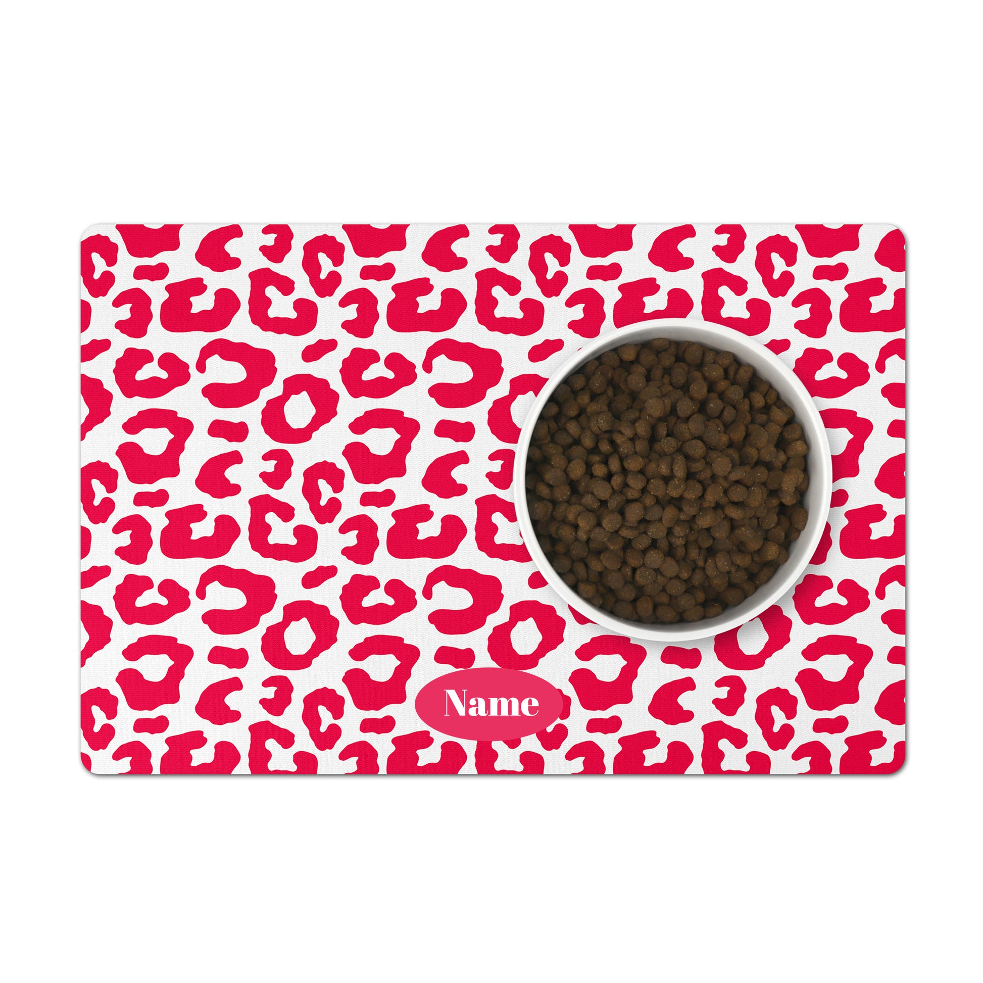 Personalized Leopard Pet Bowl Mat, Hot Pink Fuchsia and White
