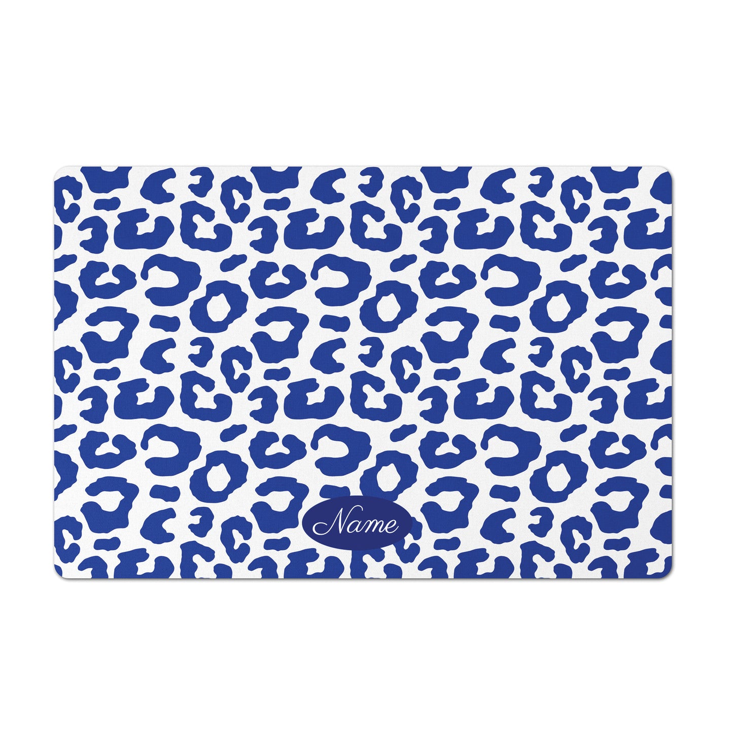 Personalized Leopard Pet Bowl Mat, Indigo Navy and White