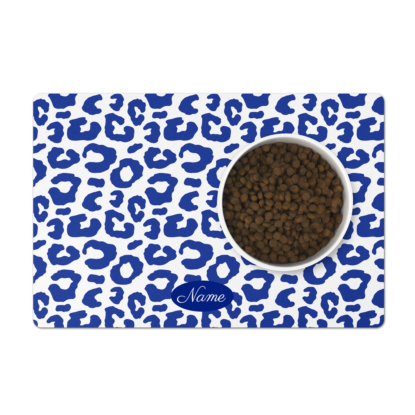 Personalized leopard pet food mat in indigo blue and white.