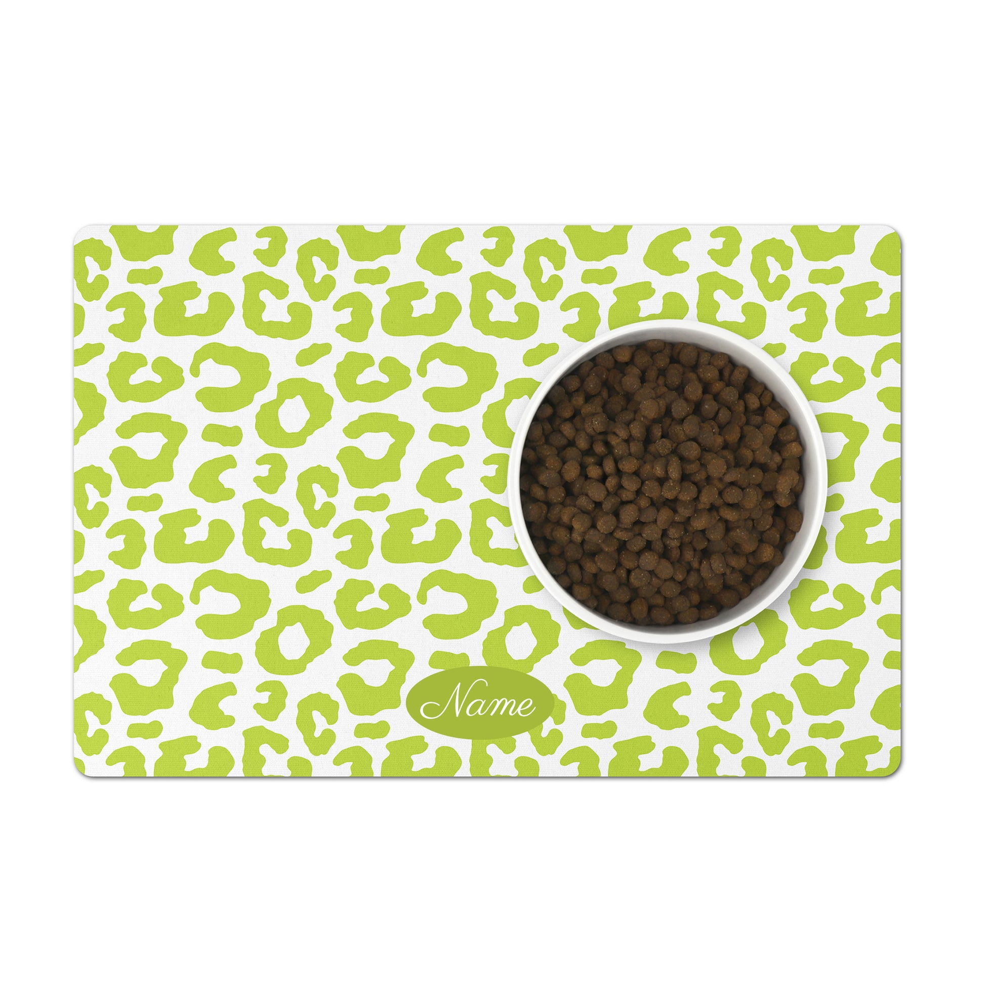 Personalized dog bowl mat in a leaf green and white leopard print.