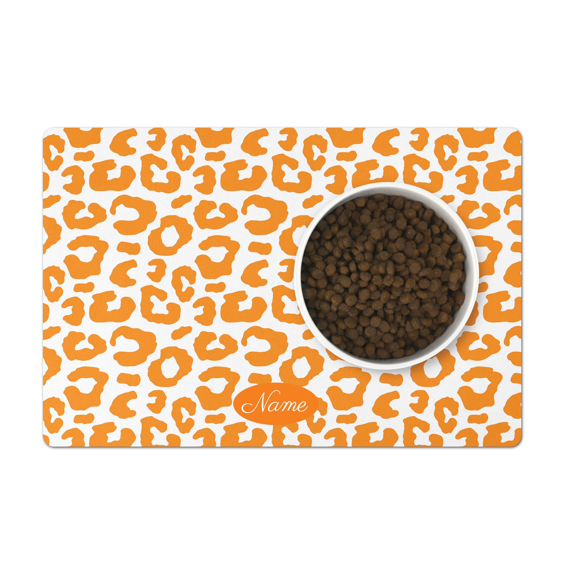 Orange and white leopard pet mat is personalized with any name or word for your dog or cat.