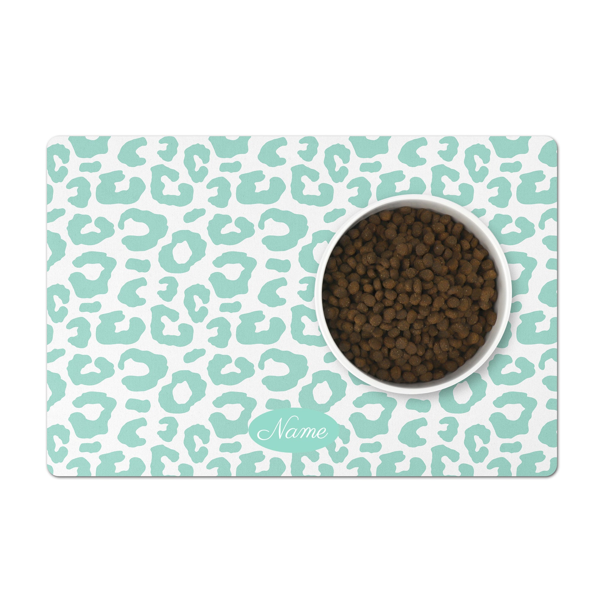 Customized pet feeding mat in peppermint and white leopard print.