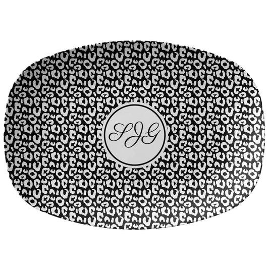 Monogrammed Serving Platter with custom initials, Black and White Serving Platter Tray with Leopard Animal Print 