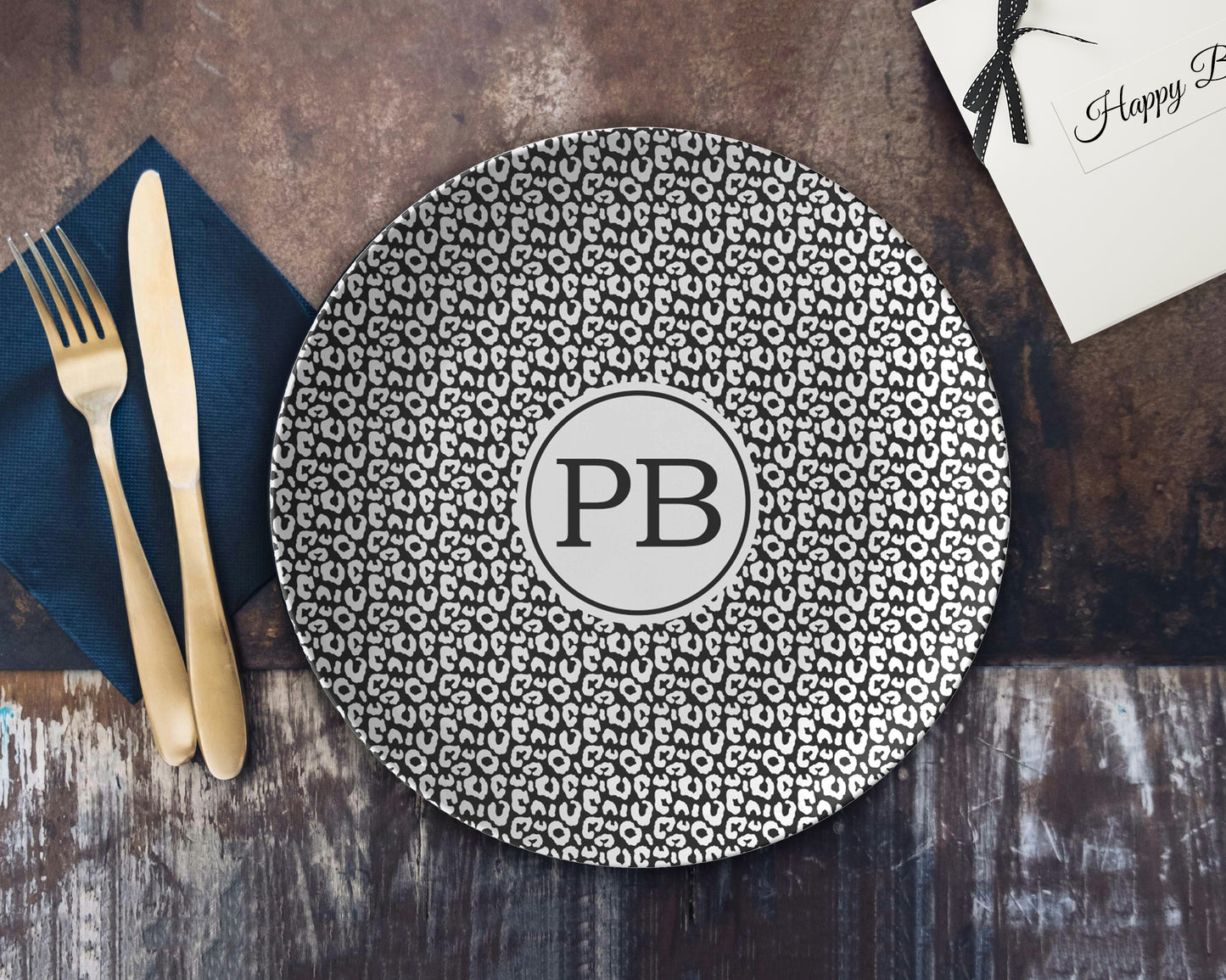 Personalized Monogram Plate Black & White Leopard Print with initials custom made