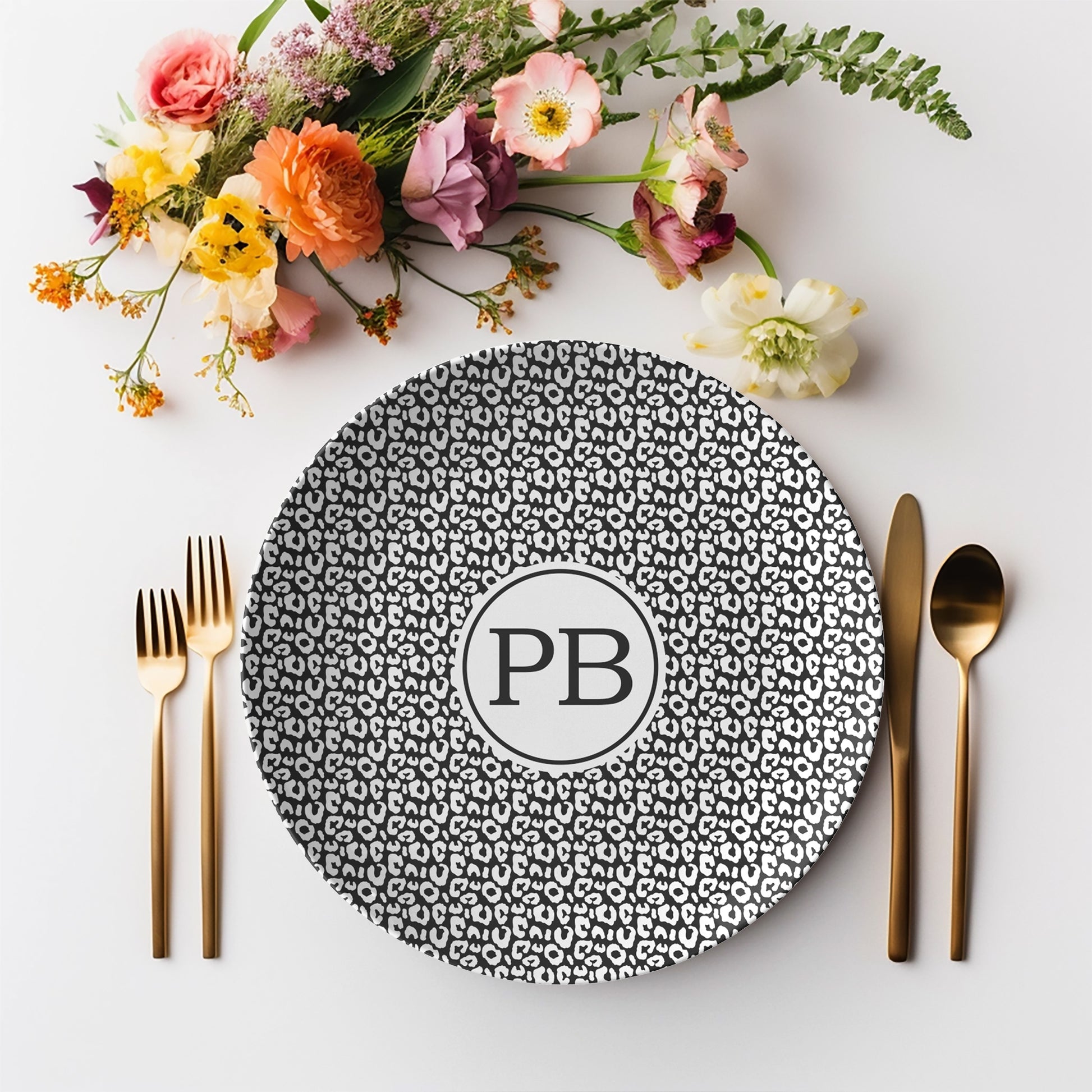 Custom Personalized Monogram Plate Black & White Leopard Print with initials