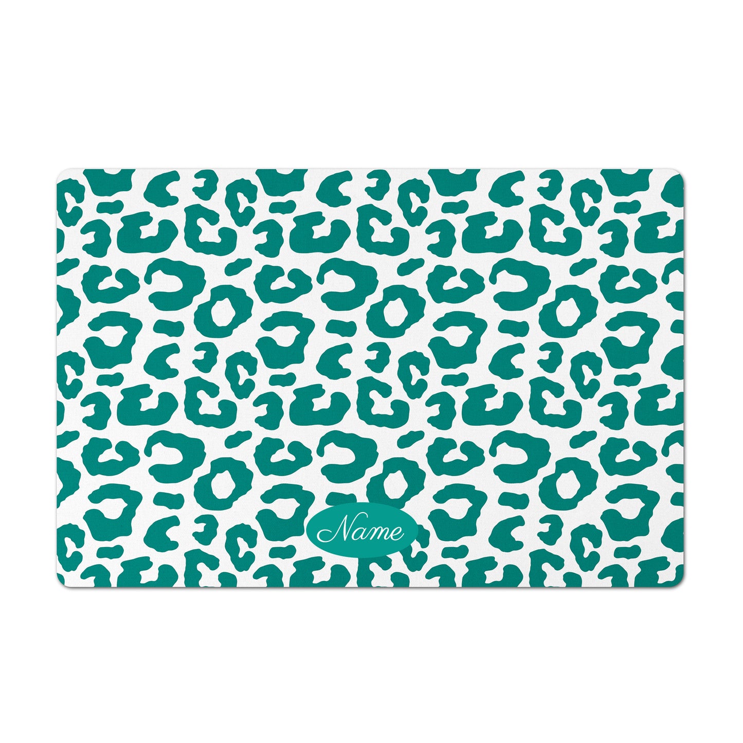 Personalized Leopard Pet Bowl Mat, Teal and White