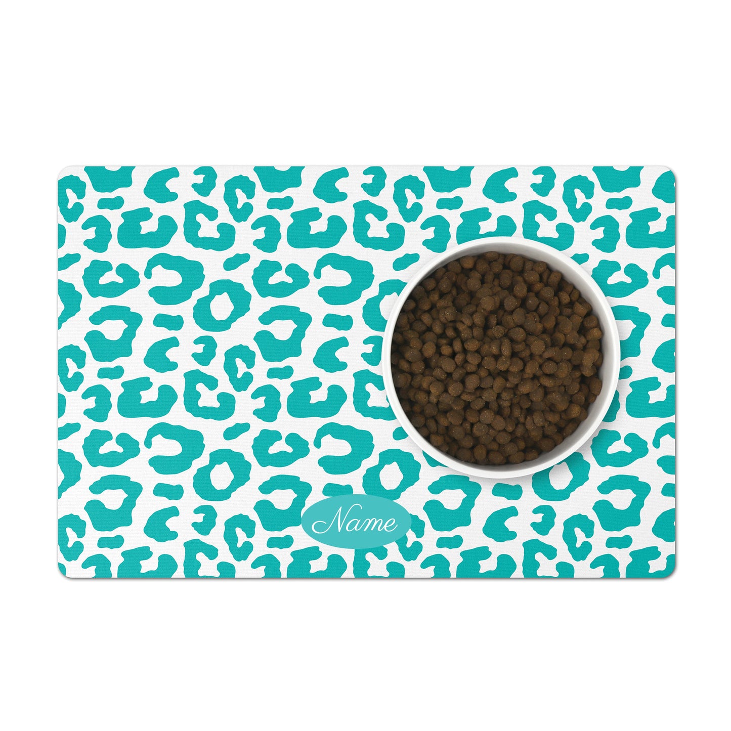 Personalized pet gift idea, a custom pet feeding mat and floor protector. Gorgeous chic blue and white leopard pattern pet placemat.