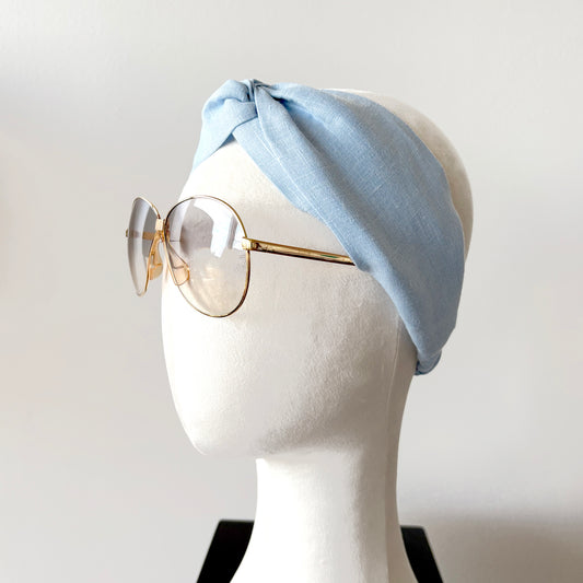 Linen Turban Top Knot Headband with Elastic, Light Blue