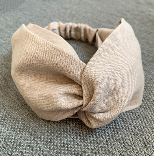 100% Linen Beige Wide Headband Twist Top Knot Turban Style, handmade