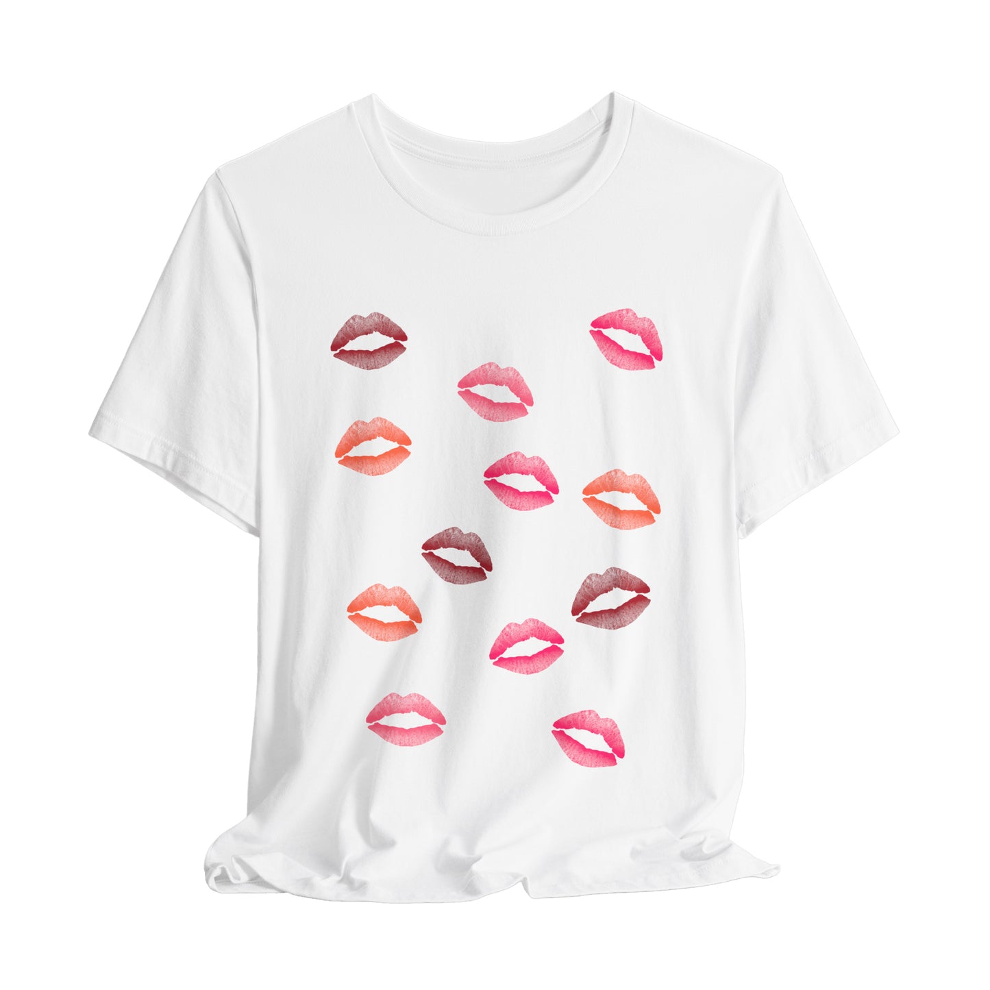 White t-shirt with colorful lip prints on a white background