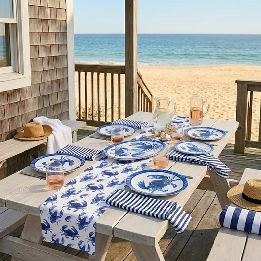 Indigo Blue Lobster & Crab theme tableware, table runner and dishes by the beach