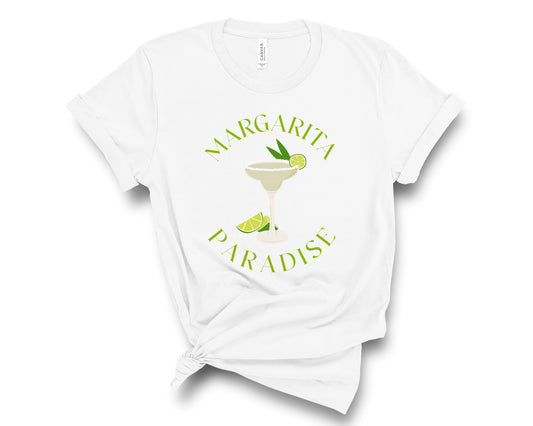 Crewneck tshirt features a glam margarita drink and says Margarita Paradise in green text.