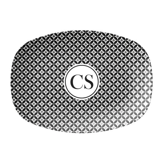 Monogrammed Serving Platter, Black Grey White Mid Century Modern Geometric Pattern Serving Platter personalized with custom initials