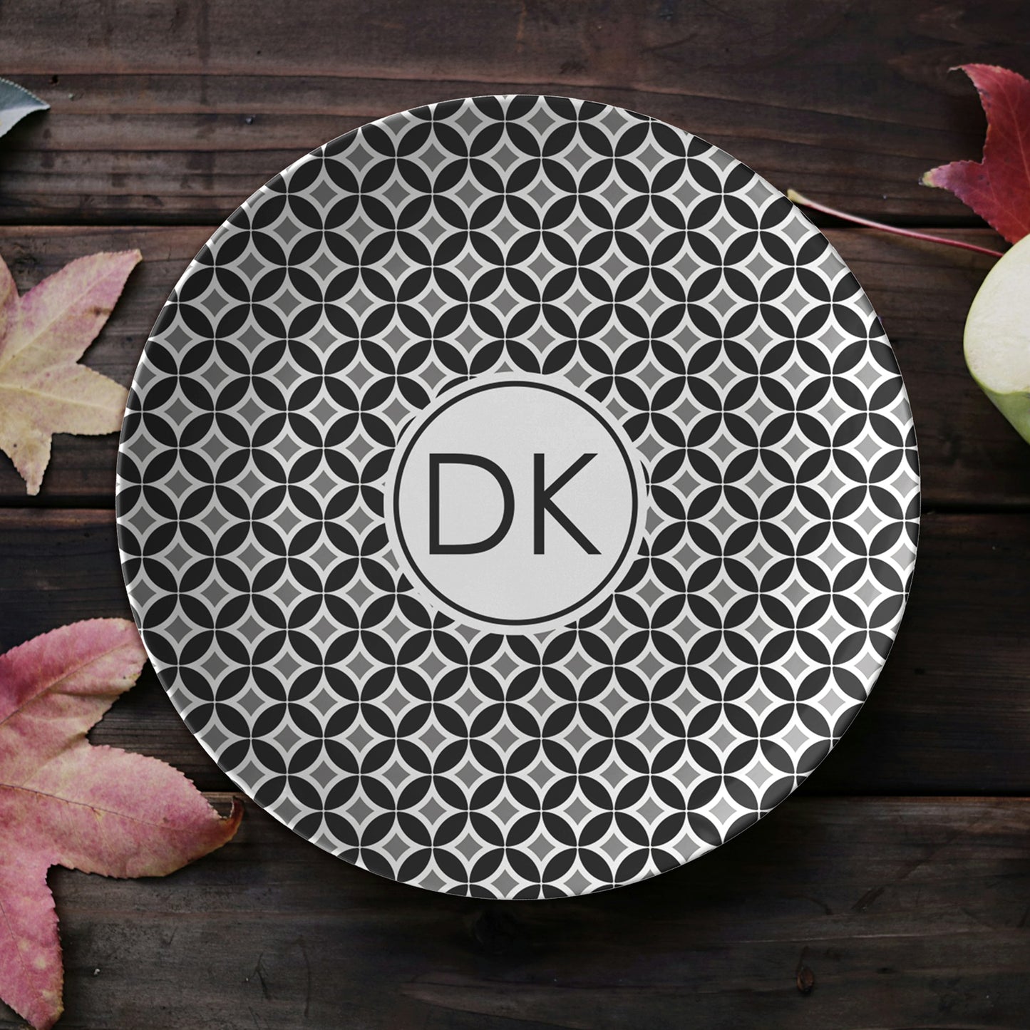 Black and White Geometric custom Monogram Plate Set featuring a stylish mid century modern print and personalized initials