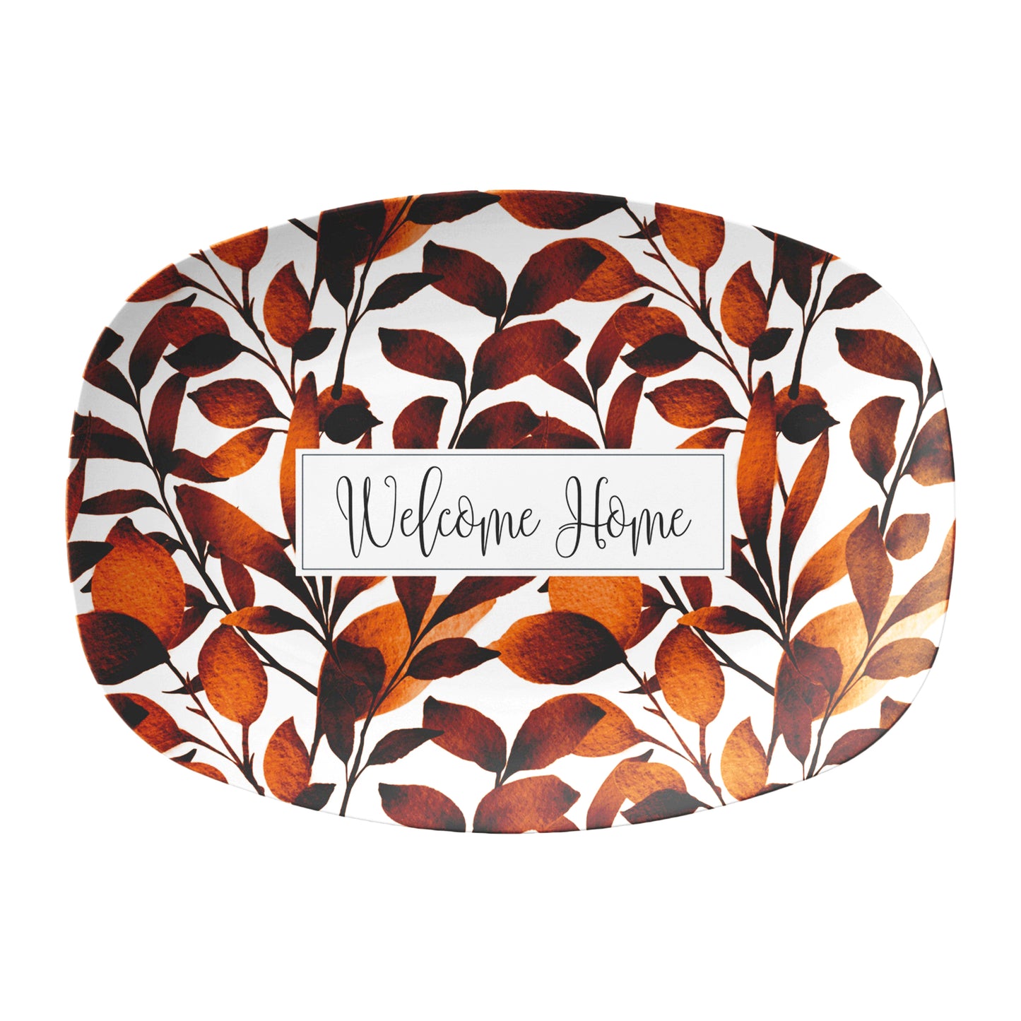 Customized serving platter has rust orange color leaves pattern and custom phrase at center.