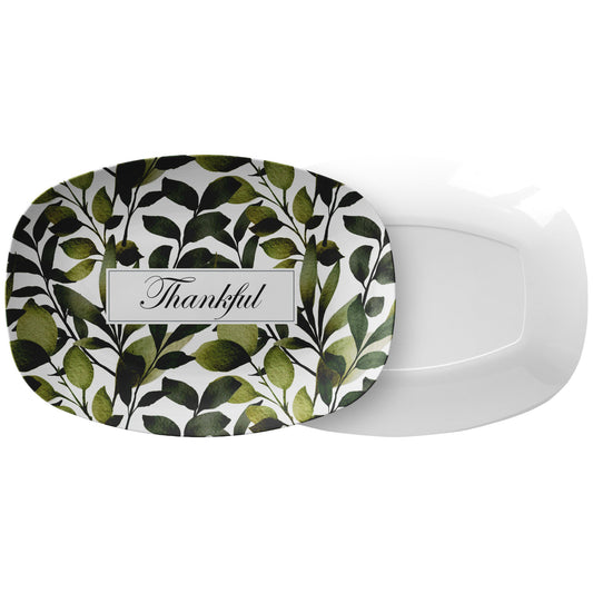 Personalized Serving Platter, Modern Watercolor Leaves, Green and White, Luxury Plastic