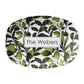 Modern watercolor green leaf pattern is printed on an oval platter with a white background. Personalized with any name or custom text.